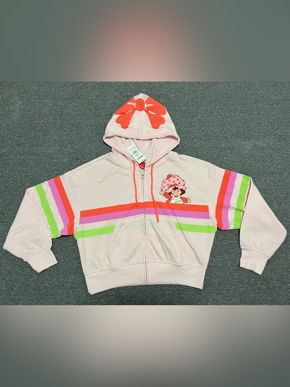 Strawberry shortcake Pink Character Zip-Up Hoodie with Neon Stripes Adult M